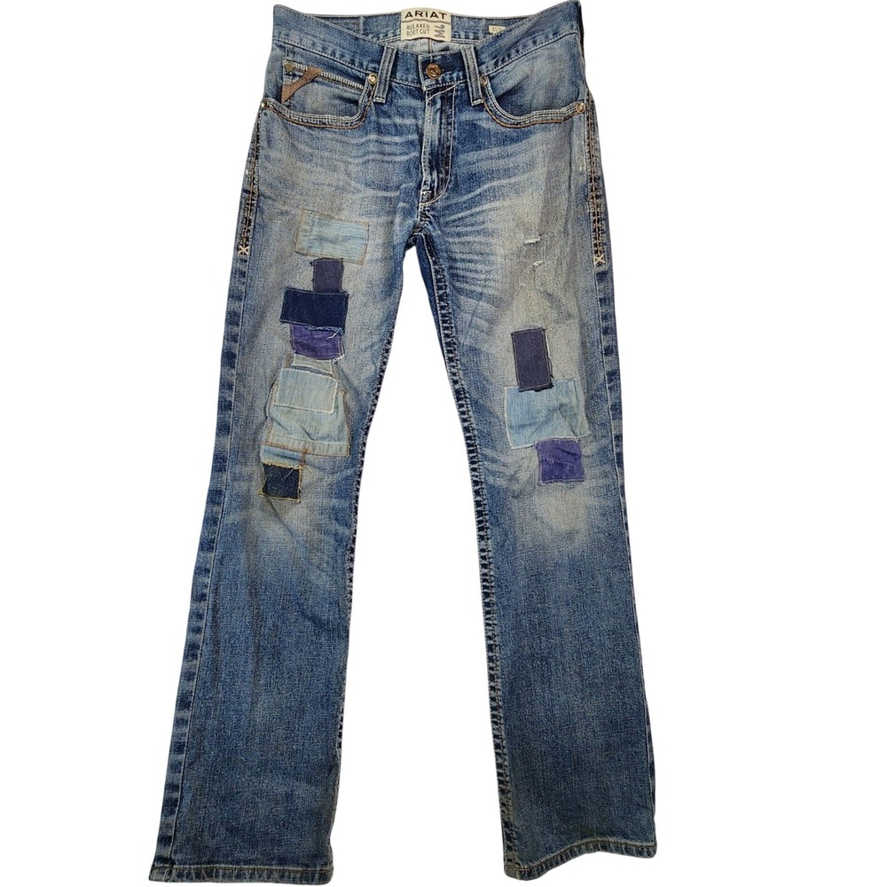 Ariat 31/34 Blue M4 STR Jayden Relax Bootcut Patchwork Distressed Thrash Cowboy